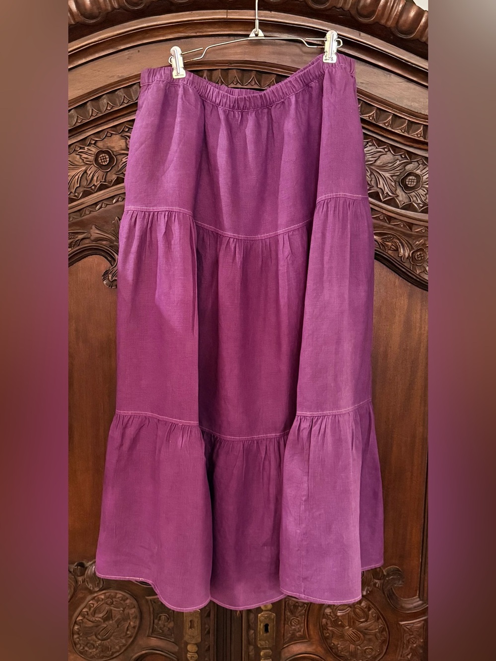 LOFT Beach Purple 100% Linen Tiered Maxi Skirt Elastic Waist Boho